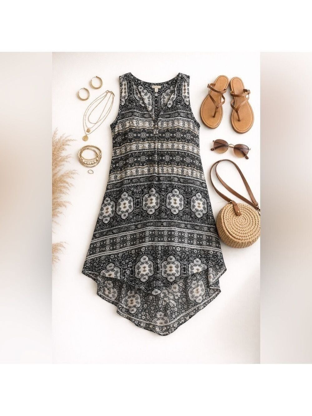 ONE WORLD Sleeveless Maxi Dress High Low Boho Bohemian pattern 1X flowy summer